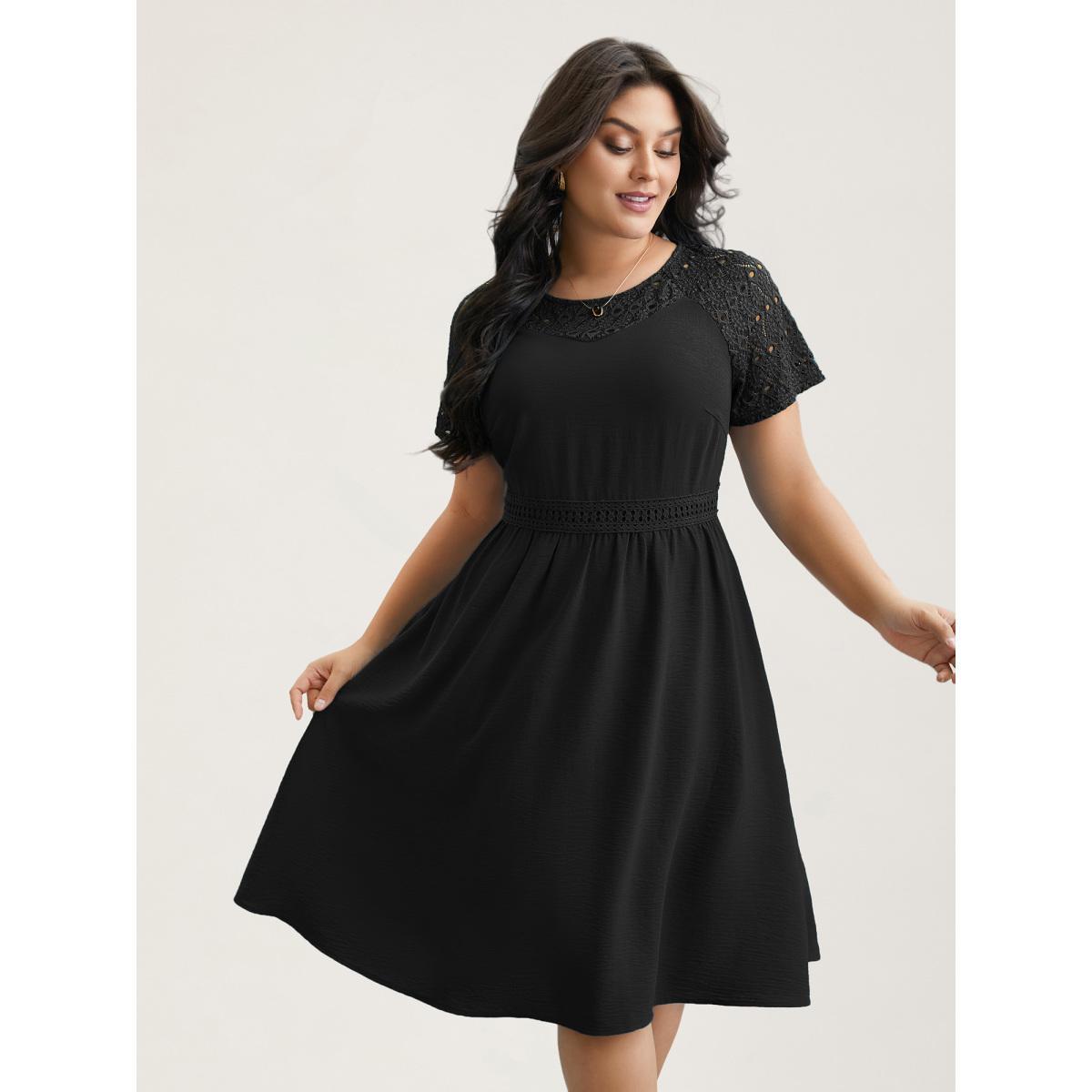 Plus Size Lace Cut-Out Raglan Sleeve Pockets Midi Dress Black Women Elegant Woven ribbon&lace trim Round Neck Short sleeve Curvy BloomChic 14-16/1X Product Image