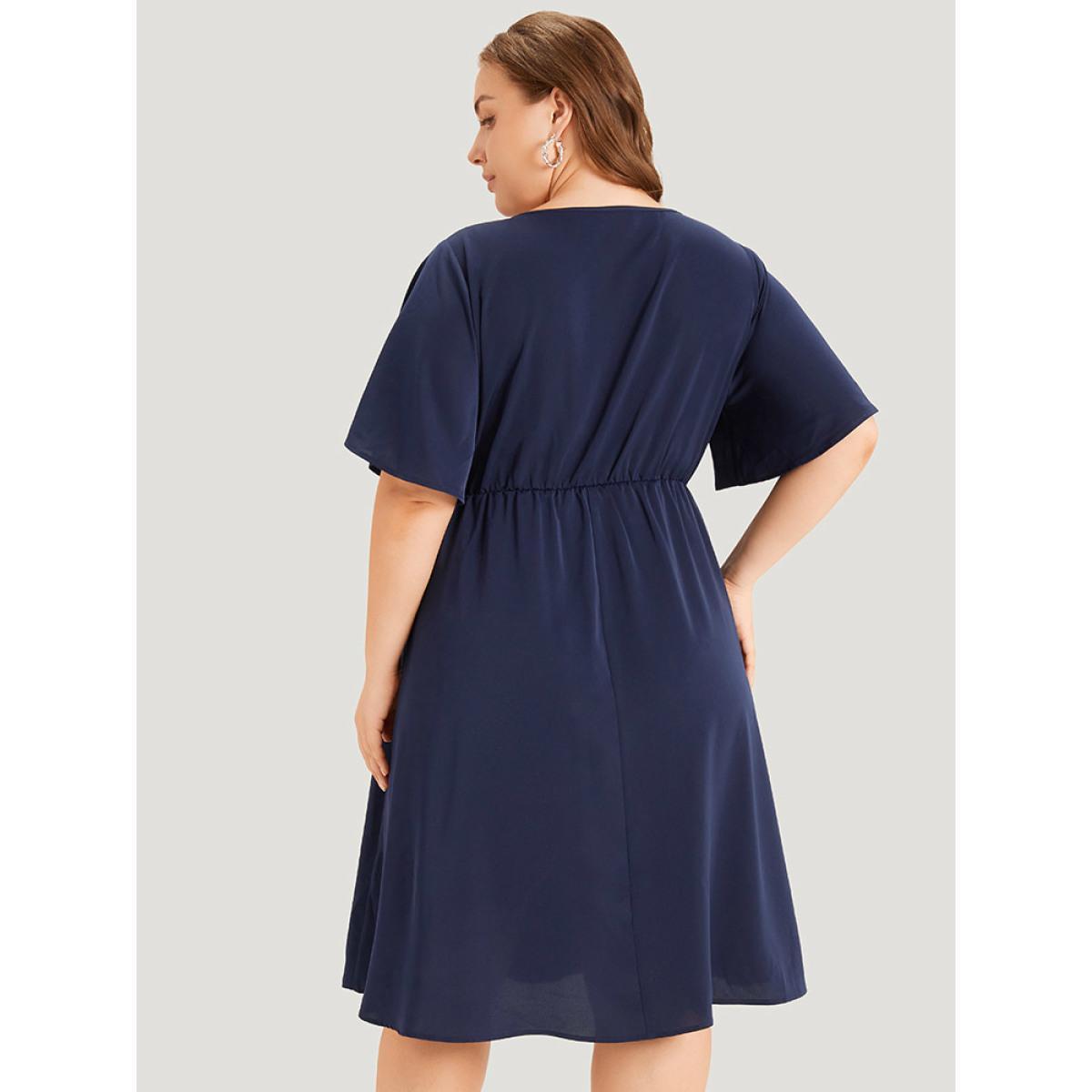 Plus Size Solid Cut Out Pocket Pearl Beaded Detail Dress Navy Women Office Plain Round Neck Short sleeve Curvy Midi Dress BloomChic 12/L Product Image