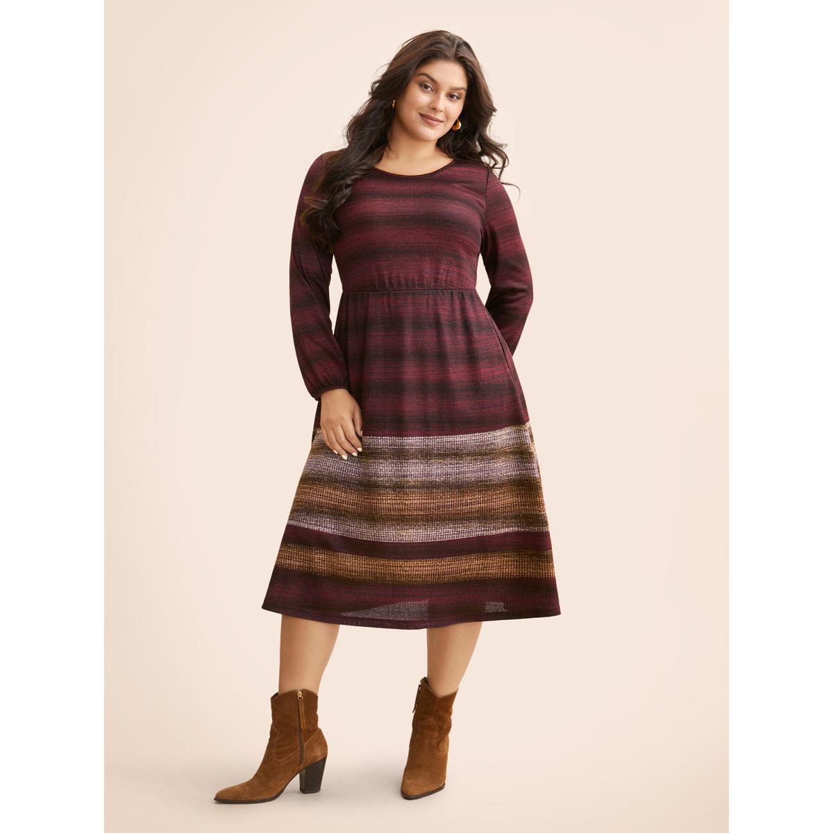 Plus Size Ombre Contrast Lantern Sleeve Midi Dress Plum Women Casual Texture Round Neck Long Sleeve Curvy BloomChic 22-24/3X Product Image