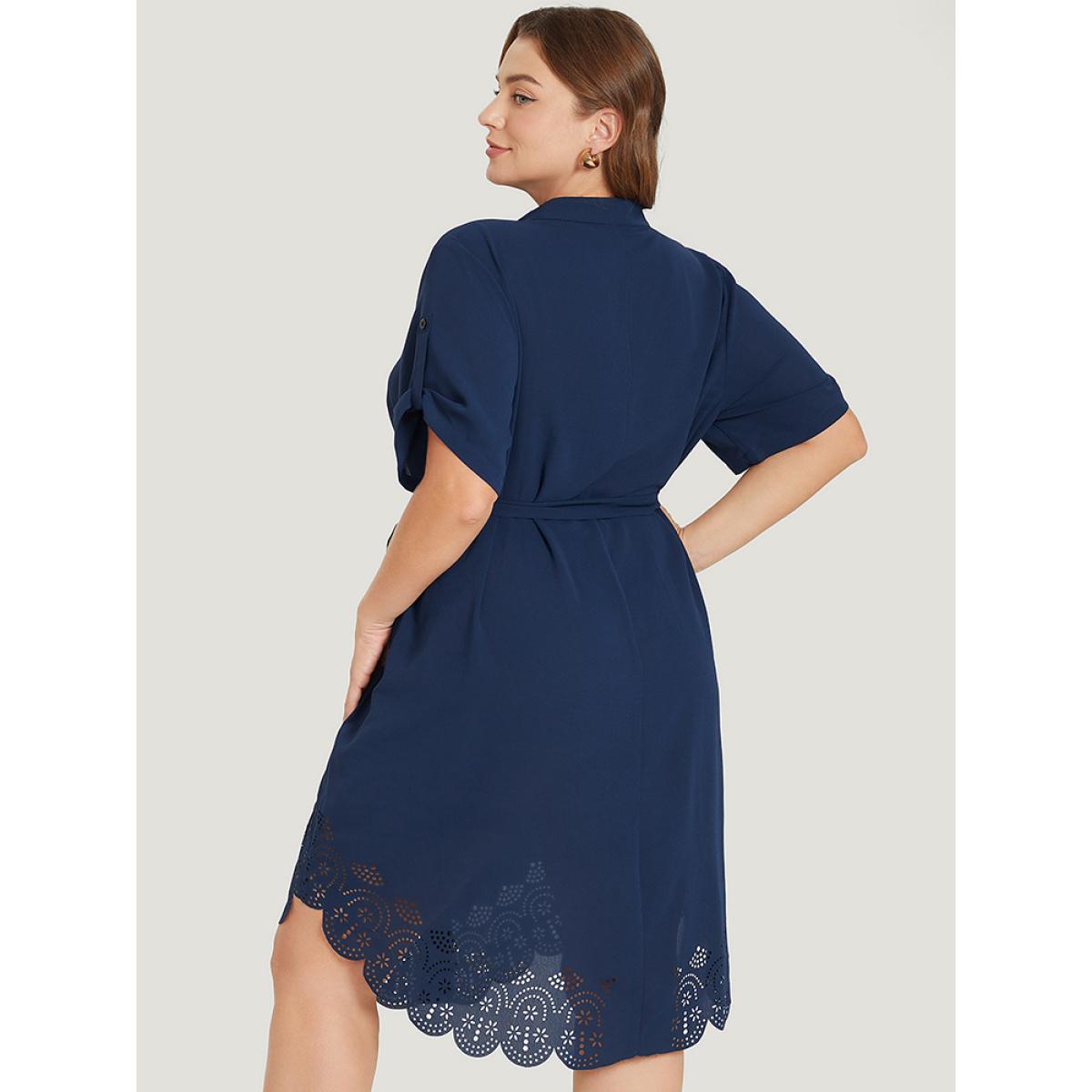Plus Size Solid Cuffed Sleeve Button Up Belted Laser Cut Arc Hem Dress DarkBlue Women Office Belted Notched collar Short sleeve Curvy Knee Dress BloomChic 18-20/2X Product Image