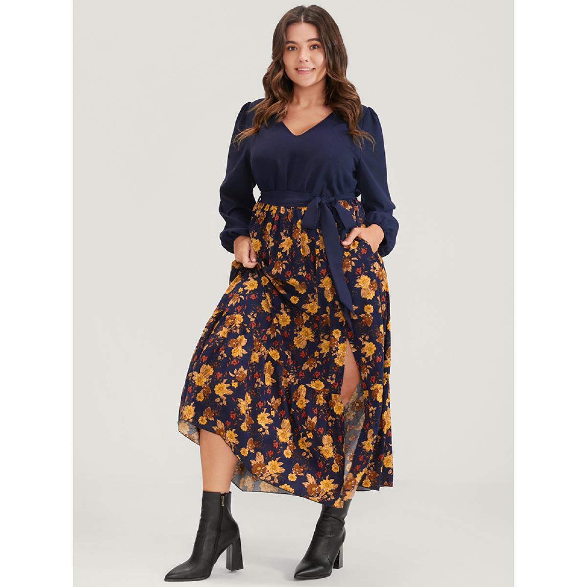 Plus Size Floral Split Lantern Sleeve Pocket Flutter Belted Dress Navy Women Elegant Printed V-neck Long Sleeve Curvy Midi Dress BloomChic 30/6X Product Image