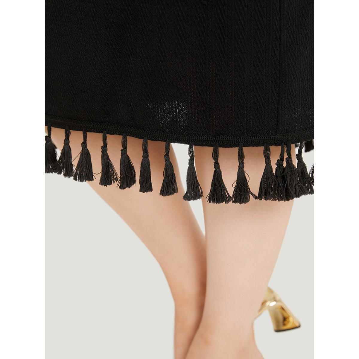 Plus Size Plain Tassel Trim Adjustable Straps Cami Dress Black Women Glamour Adjustable Straps Spaghetti Strap Sleeveless Curvy Midi Dress BloomChic 14-16/1X Product Image