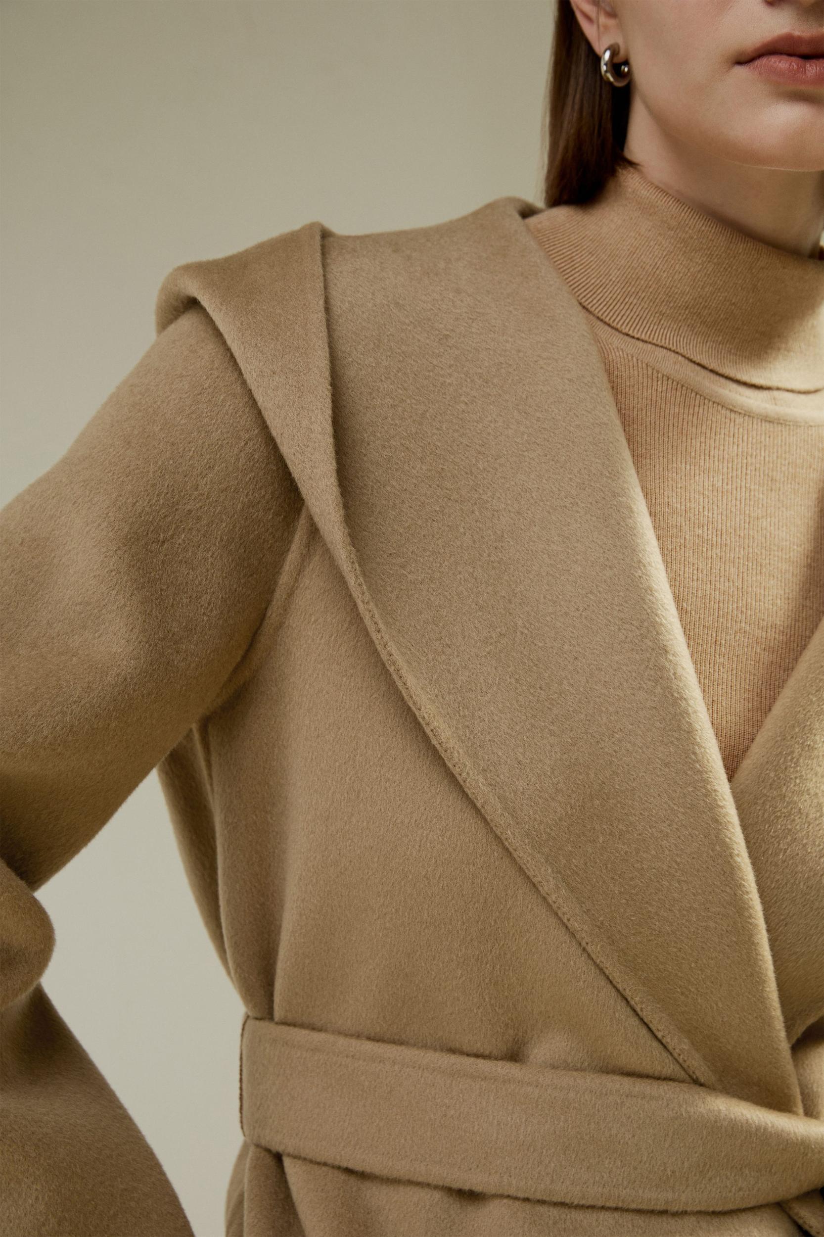 Cashmere-Wool-Blend Belted Short Hooded Coat Product Image