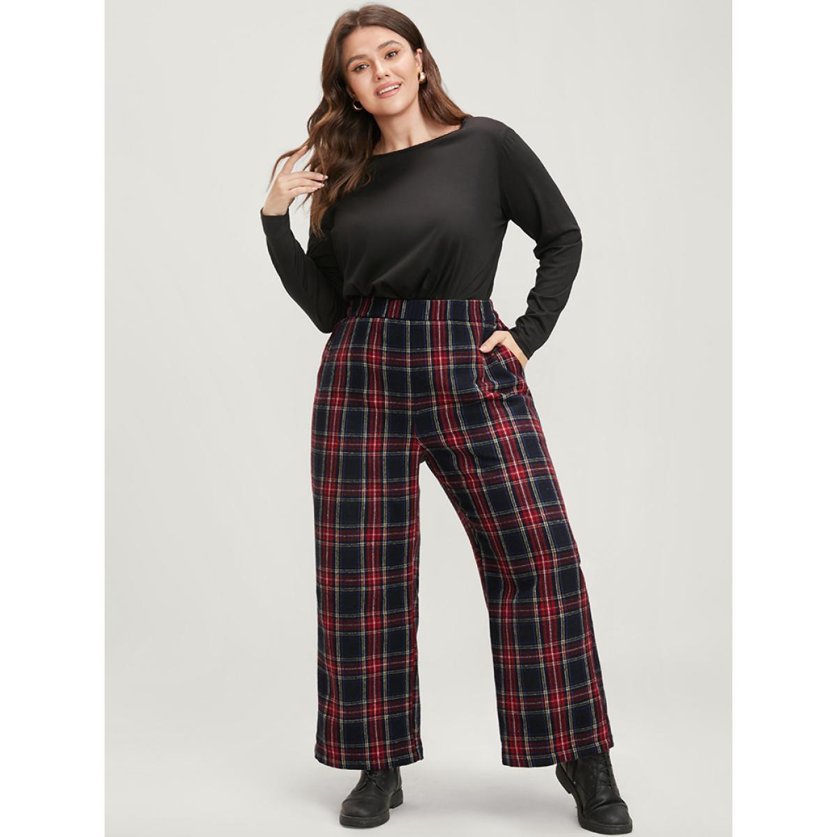 Plus Size Plaid Elastic Waist Pocket High Rise Pants Women Black Elegant High Rise Dailywear Pants BloomChic 26/4X Product Image