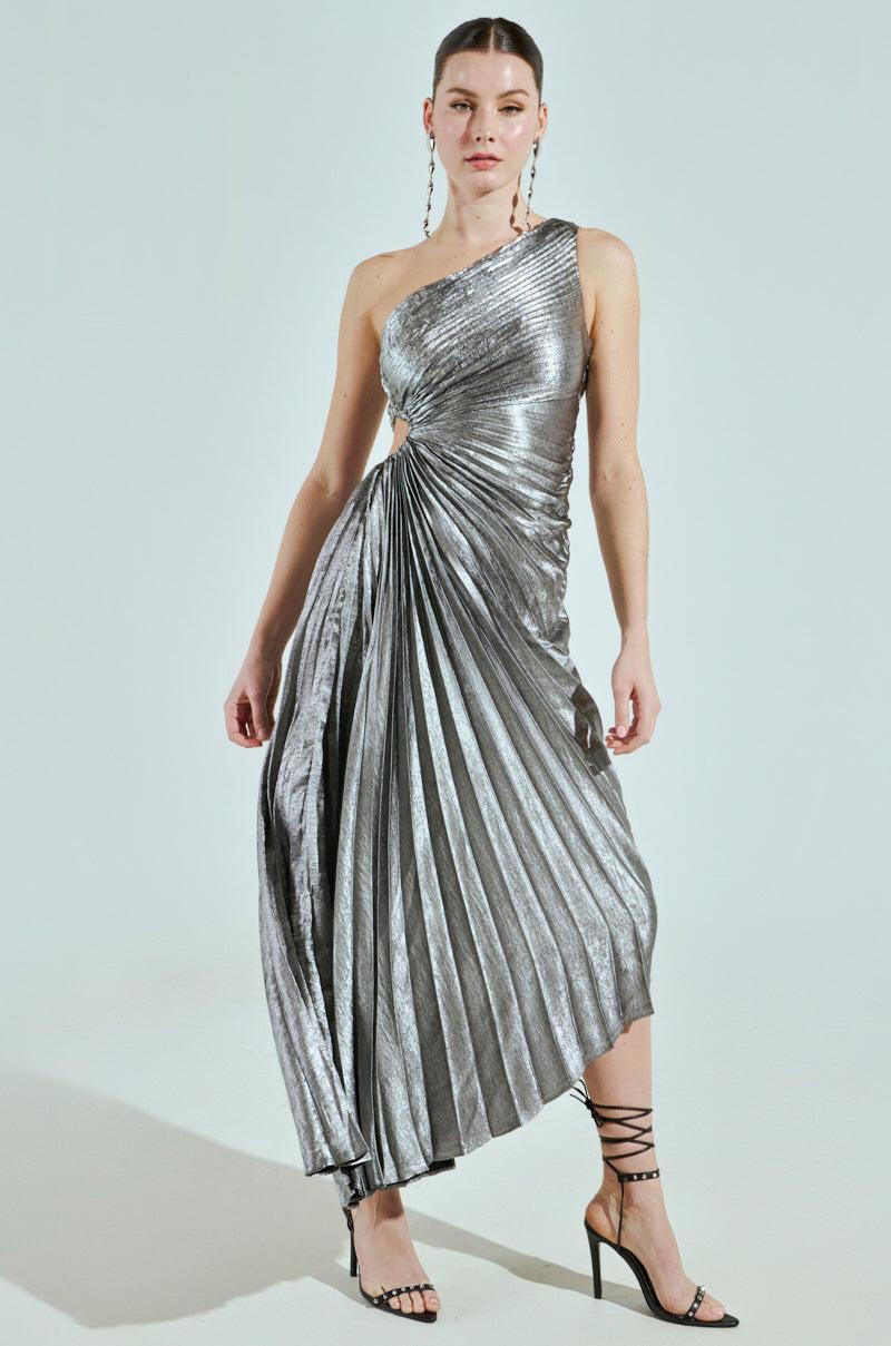 A LITTLE PARTY PLEATED MIDI DRESS IN SILVER Product Image