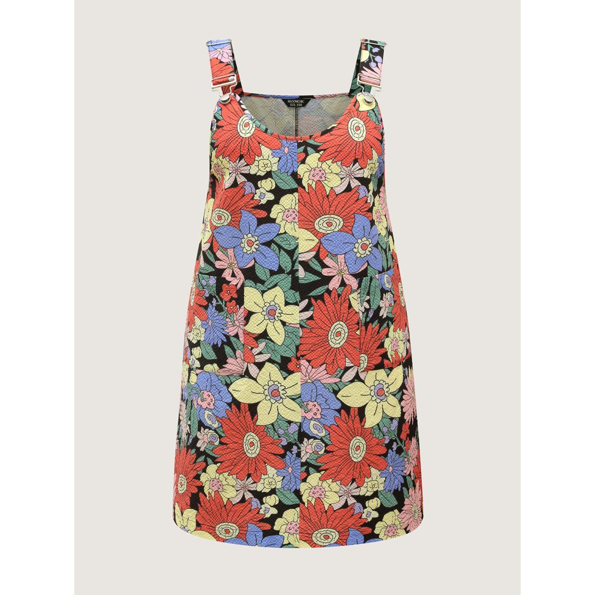 Plus Size Floral Print Textured Overall Straps Dress Multicolor Women Round Neck Sleeveless Curvy BloomChic 10/M Product Image