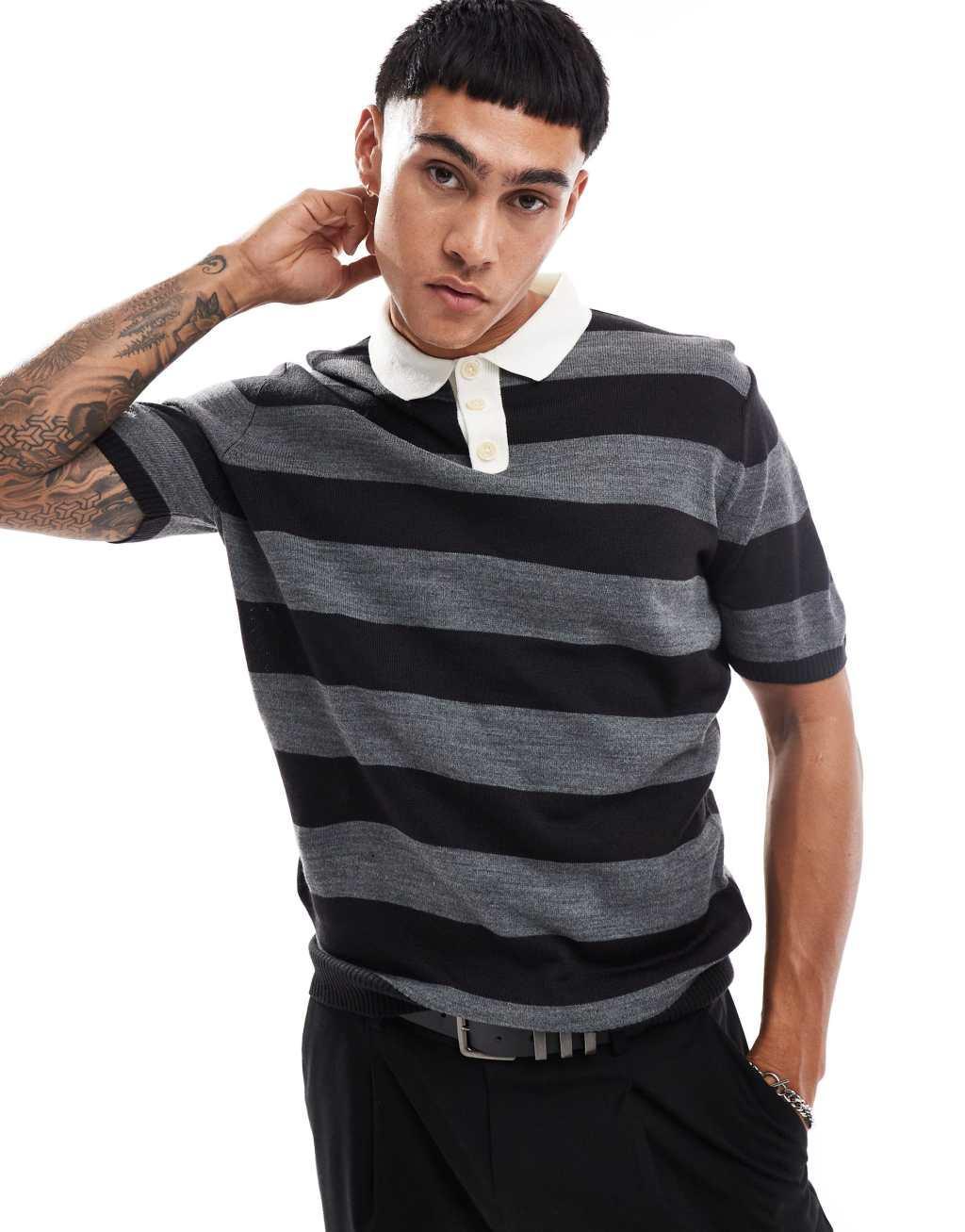 ASOS DESIGN short sleeve rugby polo in gray stripe Product Image