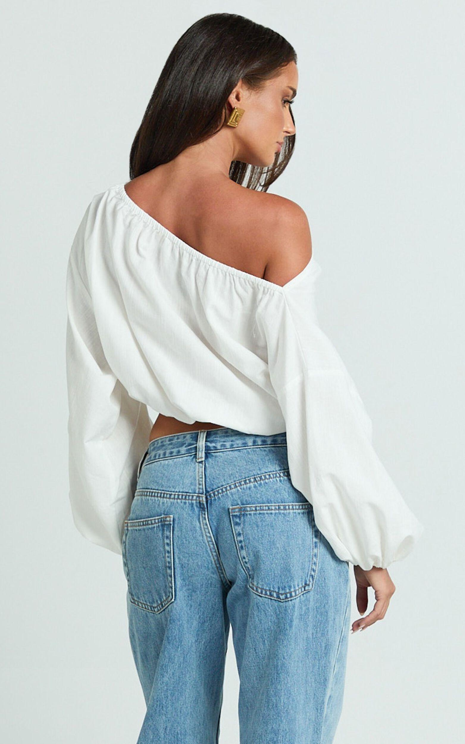 Alesia Top - Asymmetrical Boat Neck Elastic Hem Crop Top in White Product Image
