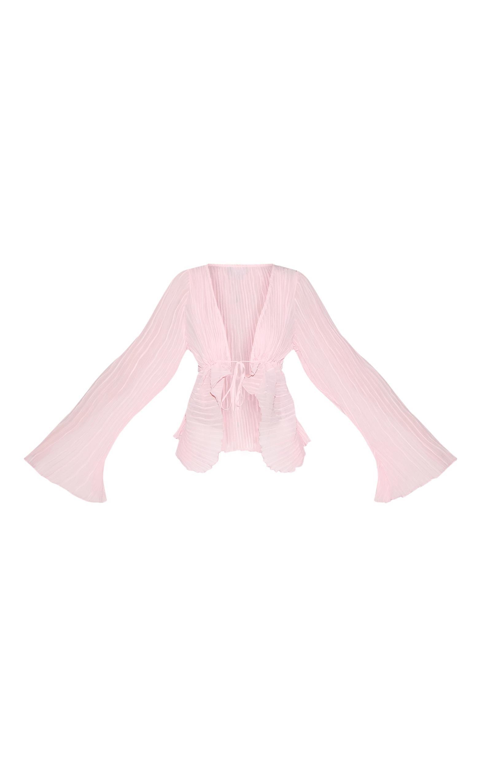 Pale Pink Sheer Plisse Tie Front Flute Sleeve Blouse Product Image