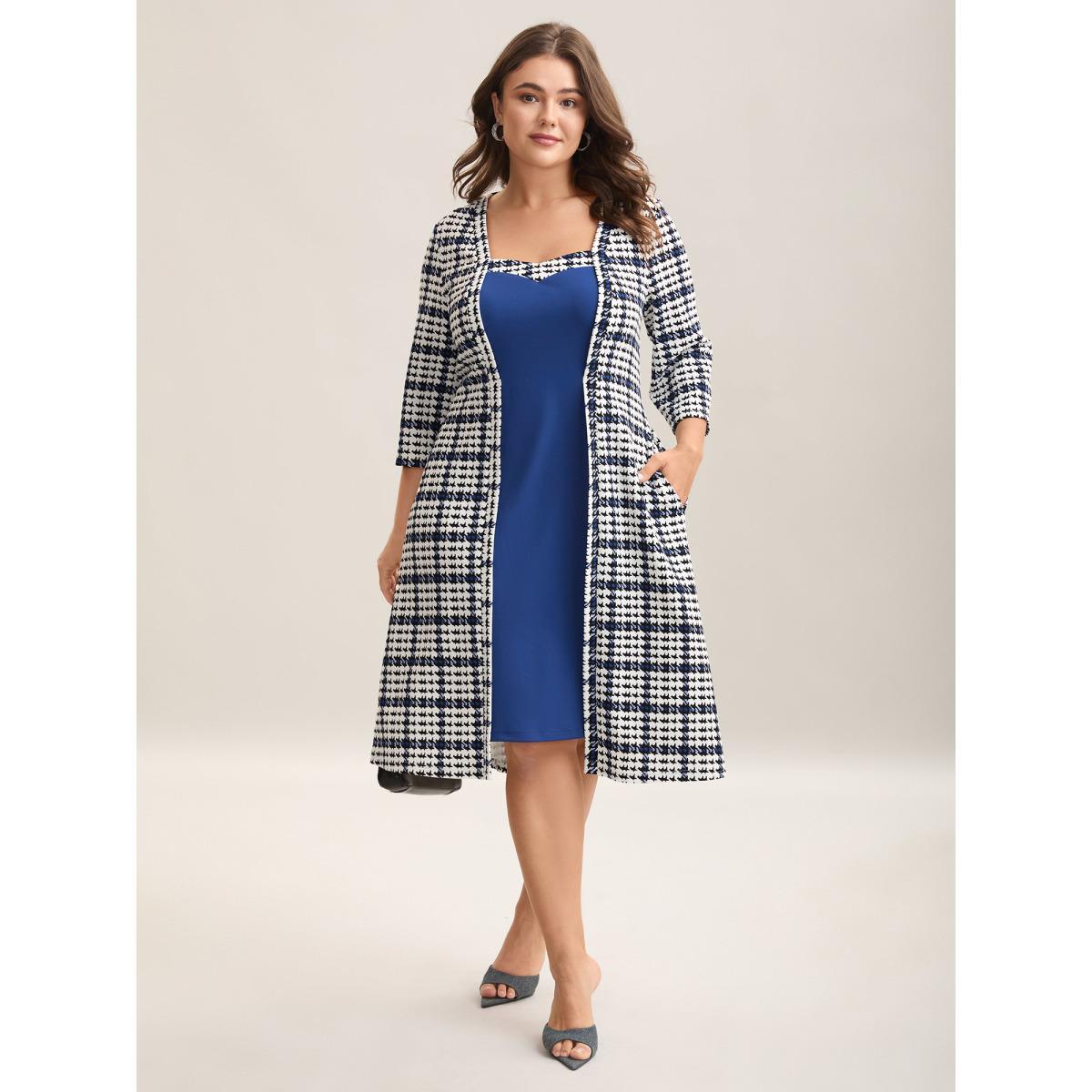 Plus Size Houndstooth Print Waist-Cinched Patchwork Midi Dress Mediumblue Women At the Office Patchwork Knit Dresses Bloomchic 14-16/1X Product Image