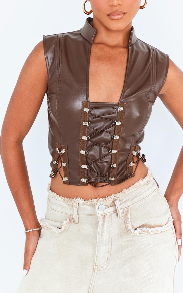 Dark Brown Faux Leather Lace Up Sleeveless Crop Top Product Image
