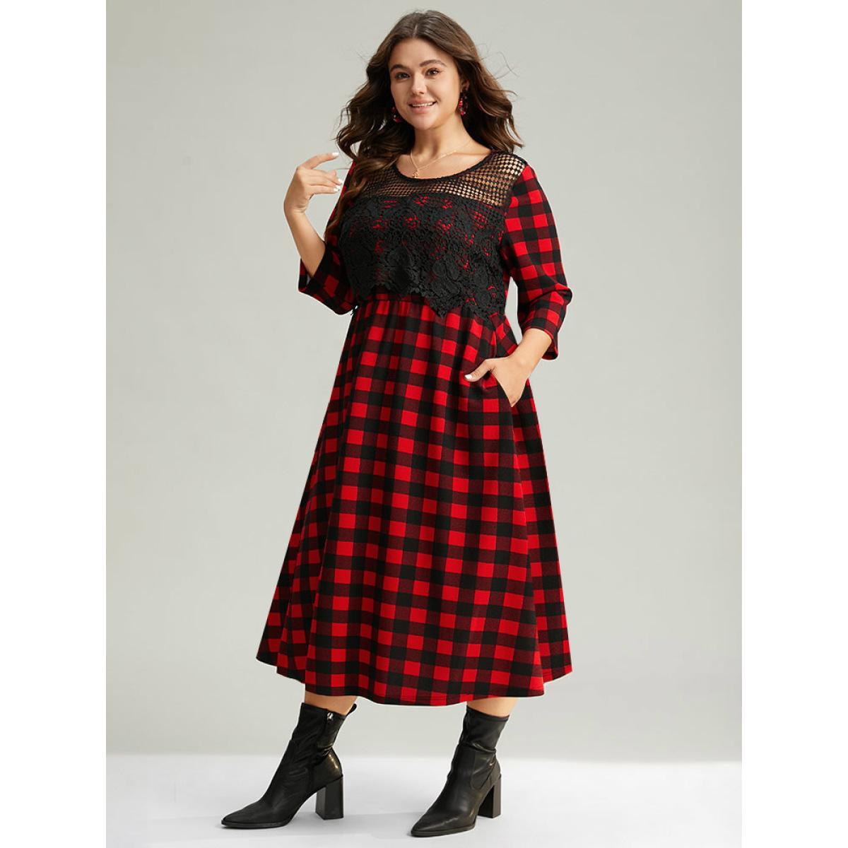 Plus Size Christmas Plaid Crochet Lace Mesh Cut Out Dress Raspberry Women Office See through Round Neck Elbow-length sleeve Curvy Midi Dress BloomChic 14-16/1X Product Image