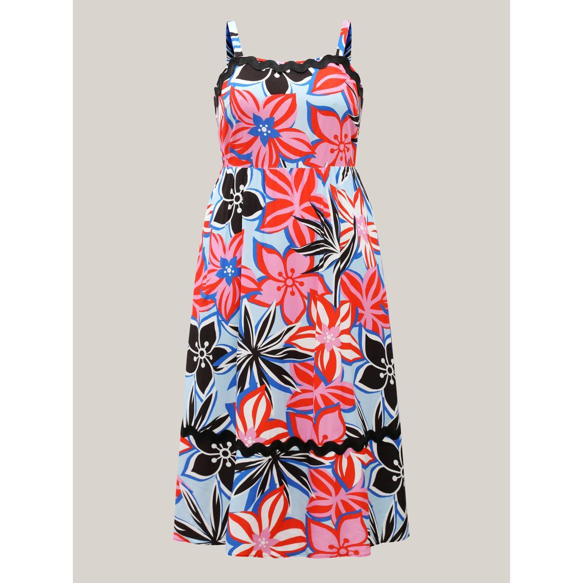 Plus Size Rayon Tropical Print Spliced Webbed Midi Dress Multicolor Women Square Neck Sleeveless Curvy BloomChic 26/4X Product Image