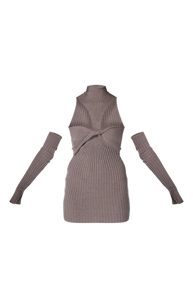 PLT Label Dark Taupe Knitted Twist Front Split Sleeved Mini Dress Product Image