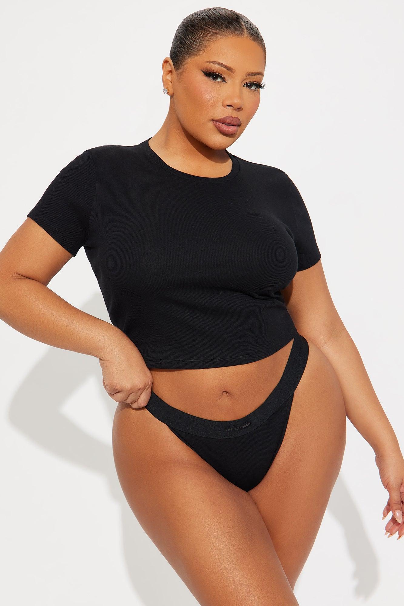 FN Mood T-Shirt And Thong 2 Piece Cotton Set - Black Product Image
