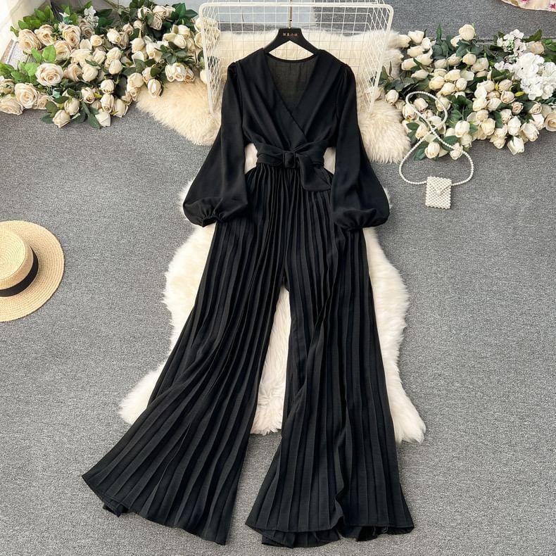 Puff-Sleeve V-Neck Plain Tie Waist Pleated Hem Wide Leg Jumpsuit Product Image