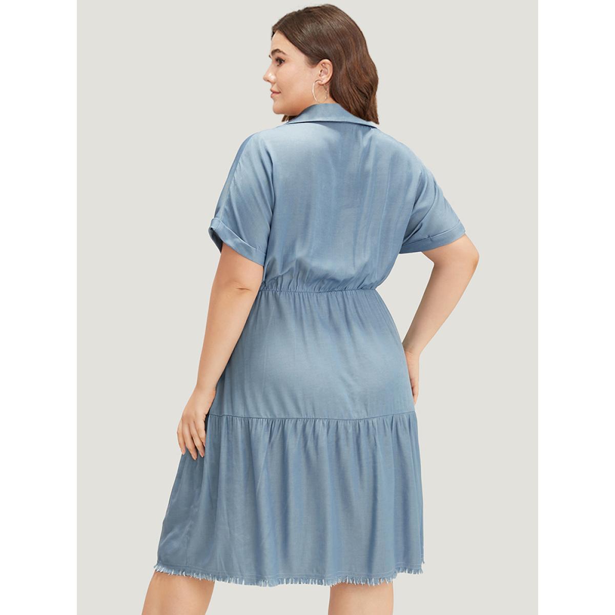 Plus Size Plain Pocket Button Detail Gathered Roll Dolman Sleeve Dress Stone Women Casual Gathered Shirt collar Short sleeve Curvy Midi Dress BloomChic 28/5X Product Image
