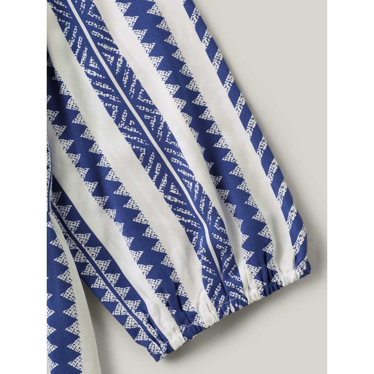 Plus Size DarkBlue Nautical Stripes Rayon Tassels Blouse Women Elbow-length sleeve Notched collar Vacation Blouses BloomChic 28/5X Product Image