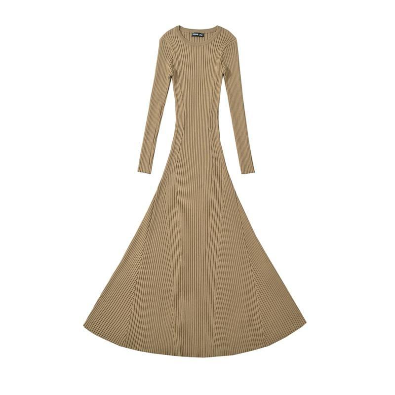 Long Sleeve Round Neck Plain Ribbed Knit A-Line Maxi Dress Product Image