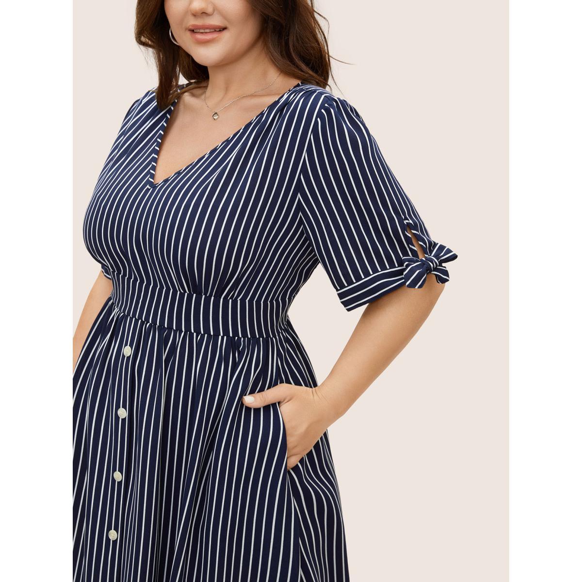 Plus Size Striped Knot Sleeve Button Detail Dress Midnight Women At the Office Tie knot V-neck Short sleeve Curvy BloomChic 10/M Product Image