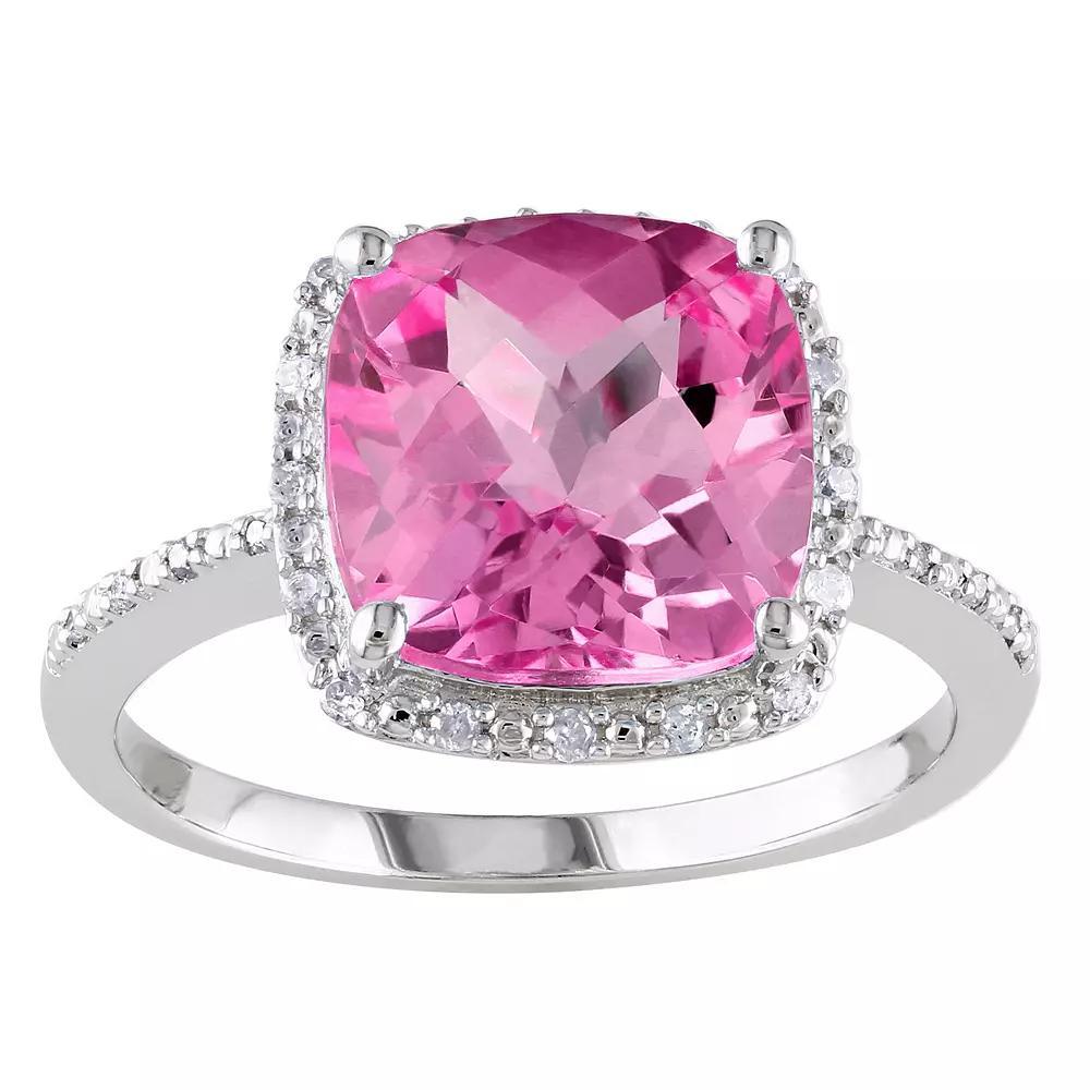 Stella Grace Sterling Silver Lab Created Pink Sapphire & 1/10 Carat T.W. Diamond Halo Ring, Women's, Size: 5 Product Image