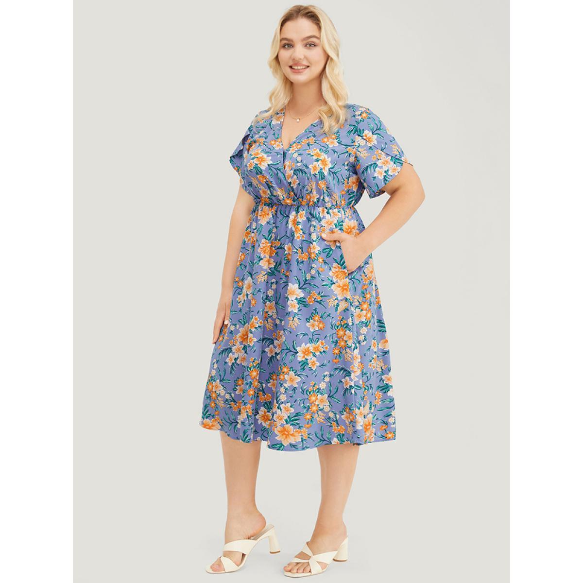 Plus Size Floral Print Petal Sleeve Pocket Flutter Hem Wrap Dress Stone Women Elegant Elastic Waist V-neck Short sleeve Curvy Midi Dress BloomChic 22-24/3X Product Image