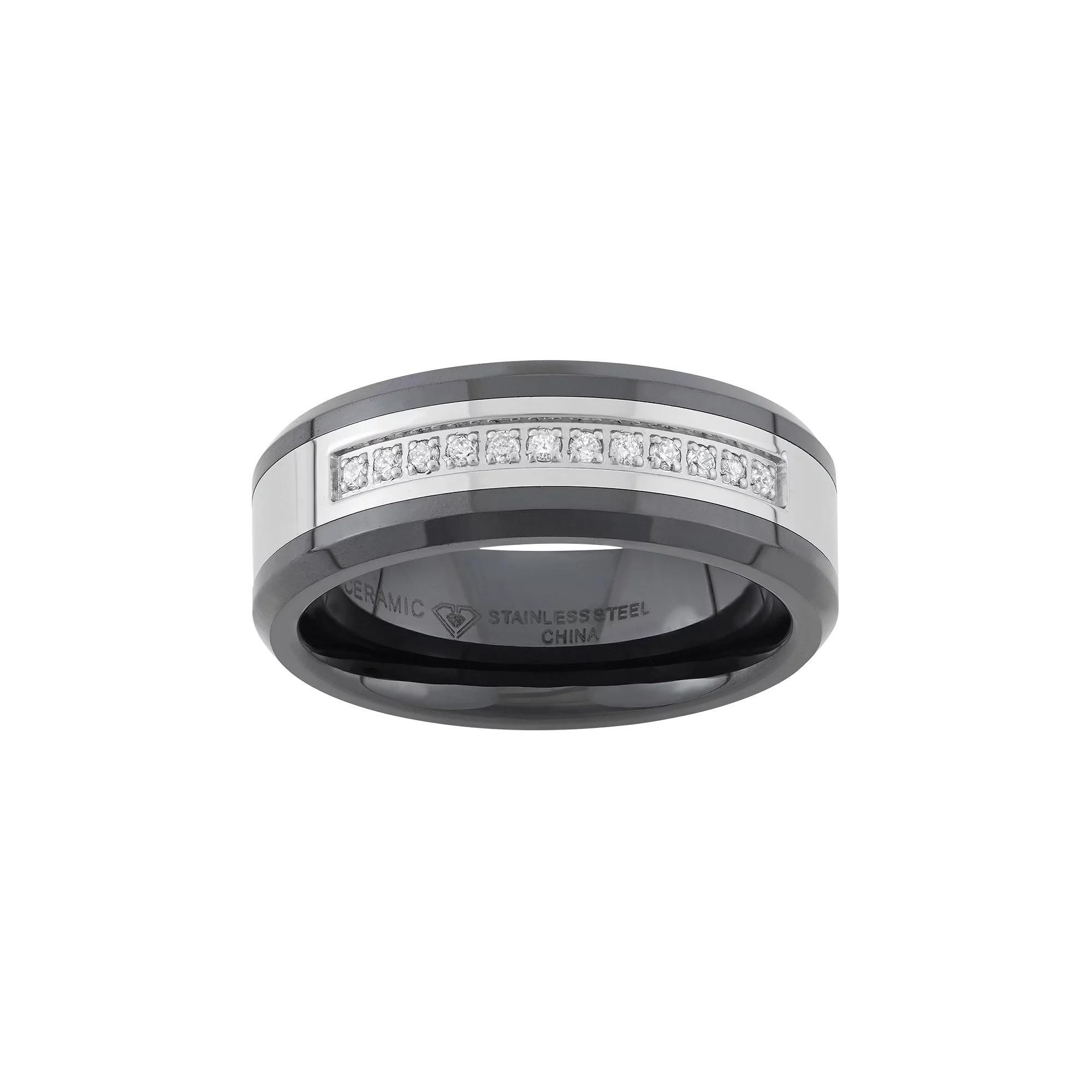 1/6 Carat T.W. Stainless Steel and Black Ceramic Wedding Band - Men, Men's, Size: 10.50 Product Image
