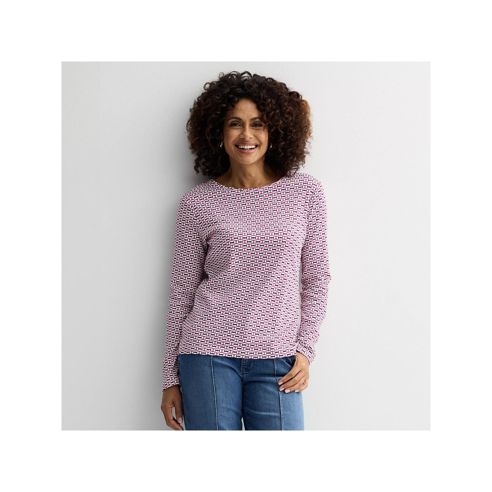 Women's Croft & Barrow® Essential Long-Sleeve Crewneck Tee, Size: Large, Pink Square Hearts Product Image