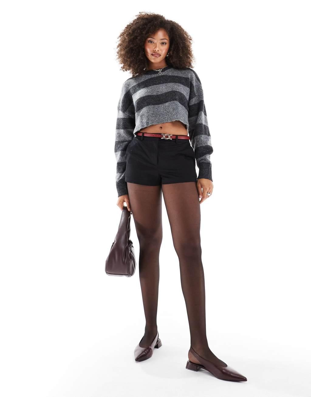 ASOS DESIGN crop crew neck sweater with split hemline in stripe Product Image