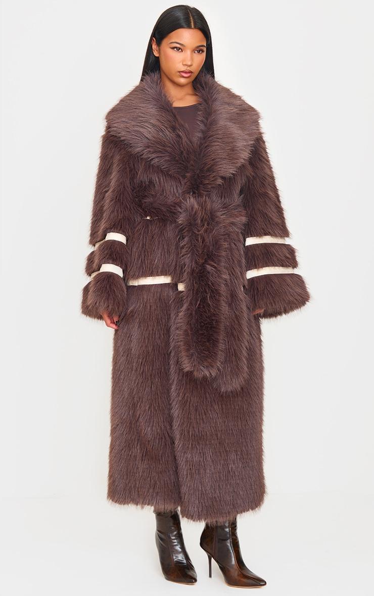 Brown Faux Fur Contrasting Faux Leather Trim Maxi Coat Product Image