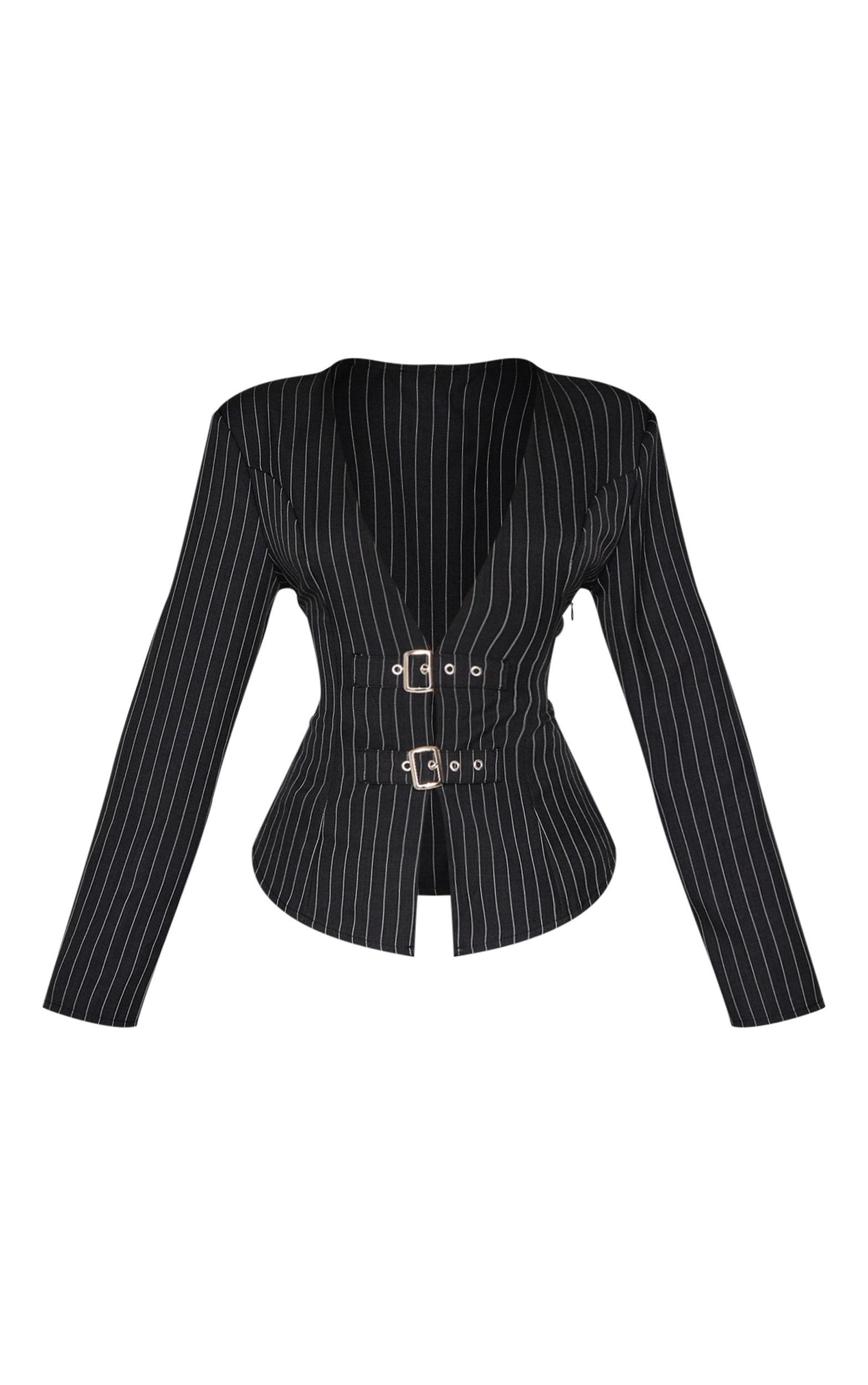 Petite Black Pinstripe Long Sleeve Trim Detail Shirt Product Image