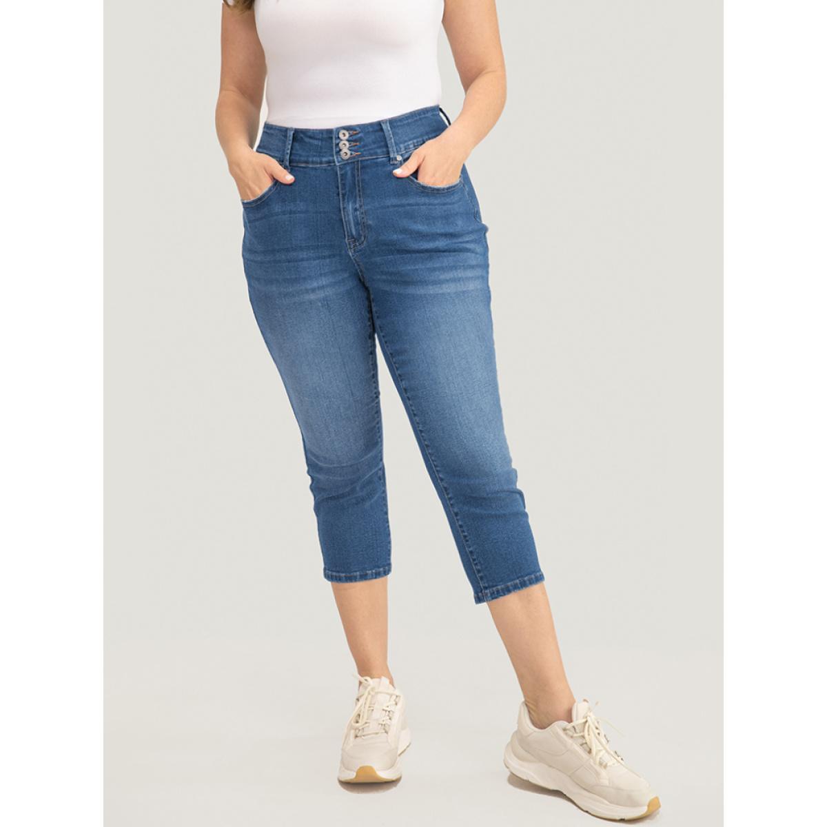 Plus Size Very Stretchy High Rise Medium Wash Cropped Jeans Women Cerulean Casual Plain High stretch Jeans BloomChic 18/2X Product Image