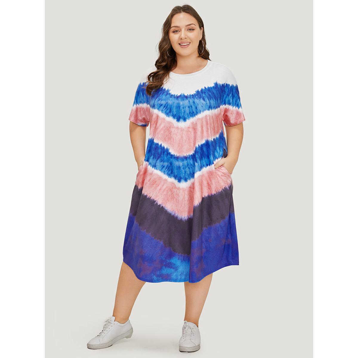 Plus Size Geometric Contrast Pocket Tie Dye Midi Dress Multicolor Women Casual Printed Round Neck Short sleeve Curvy Midi Dress BloomChic 18-20/2X Product Image