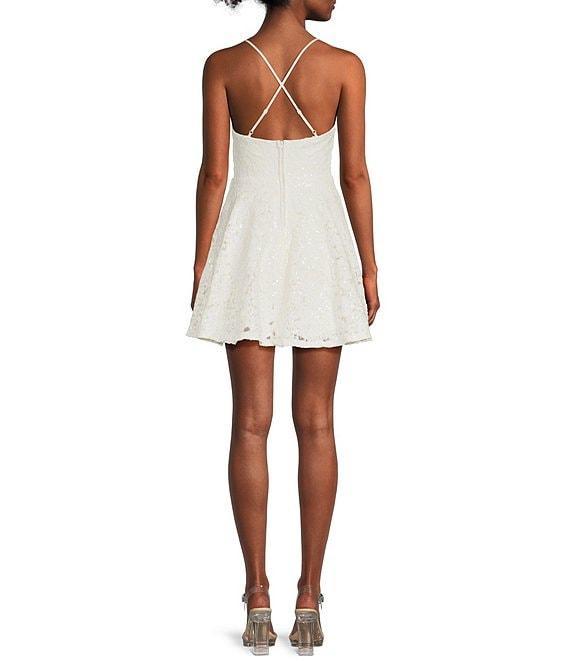 Honey and Rosie Embroidered Sequin Square Neck Spaghetti Strap Criss Cross Back Fit & Flare Dress Product Image