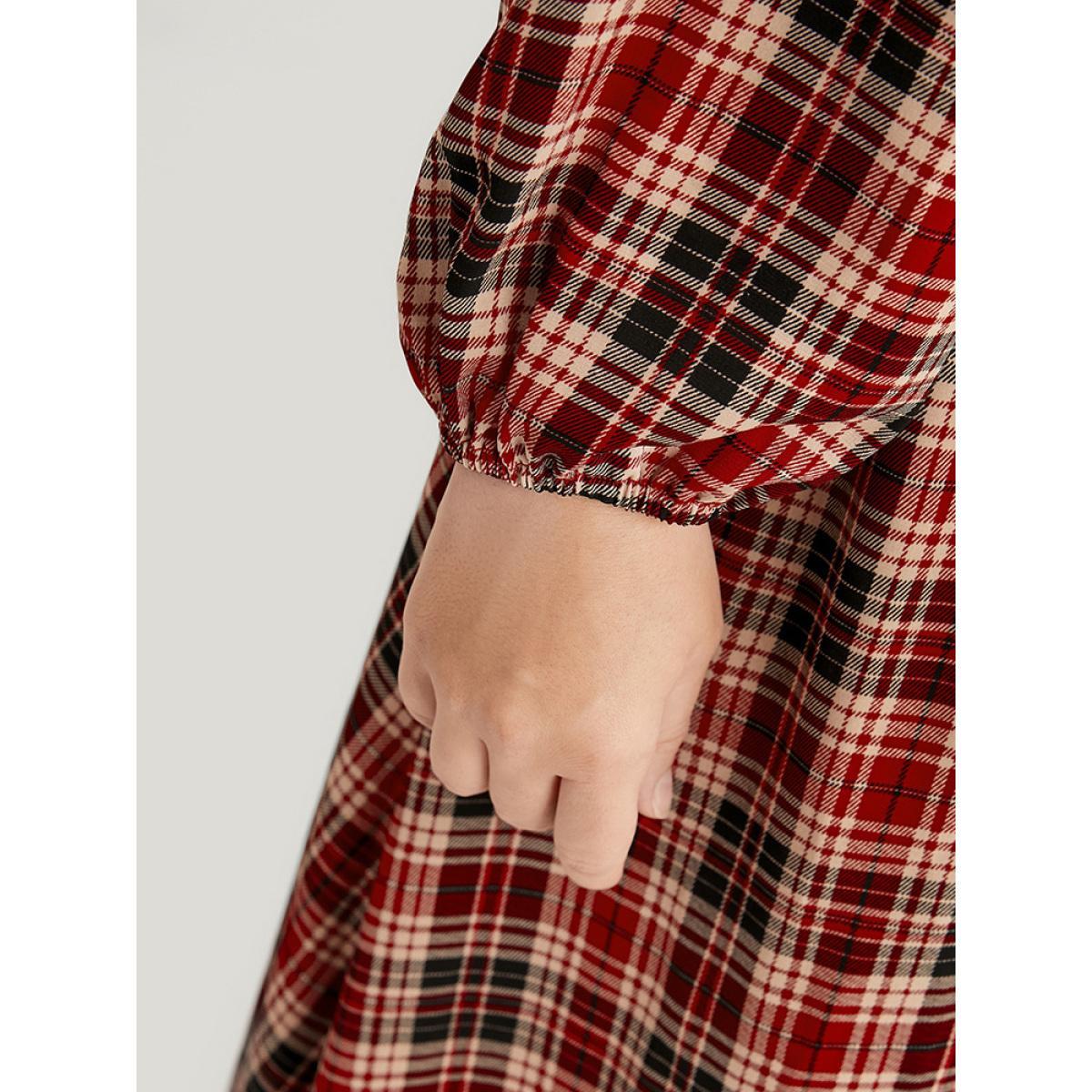 Plus Size Tartan Wrap Lantern Sleeve Pocket Knotted Split Dress Maroon Women Elegant Knotted V-neck Long Sleeve Curvy Midi Dress BloomChic 28/5X Product Image