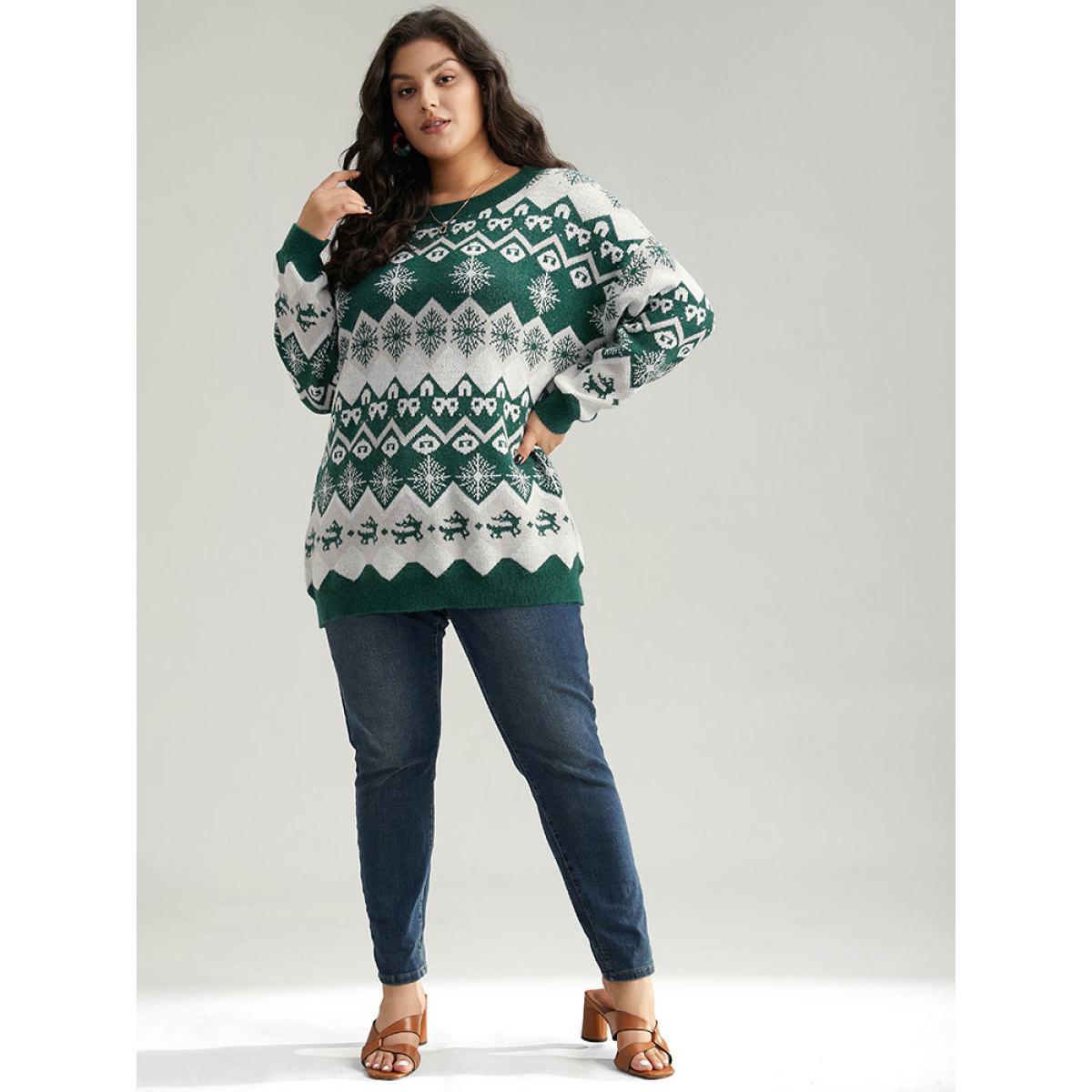 Plus Size Anti-Pilling Christmas Crew Neck Pullover DarkGreen Women Casual Long Sleeve Round Neck Festival-Christmas Pullovers BloomChic 28/5X Product Image