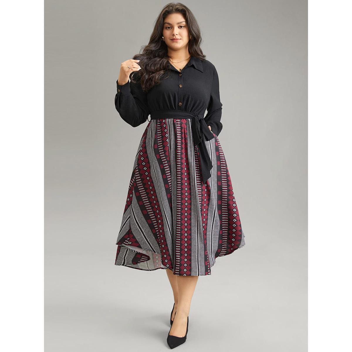 Plus Size Geometric Belted Button Up Curved Hem Dress Black Women Office Belted Shirt collar Long Sleeve Curvy Midi Dress BloomChic 14-16/1X Product Image
