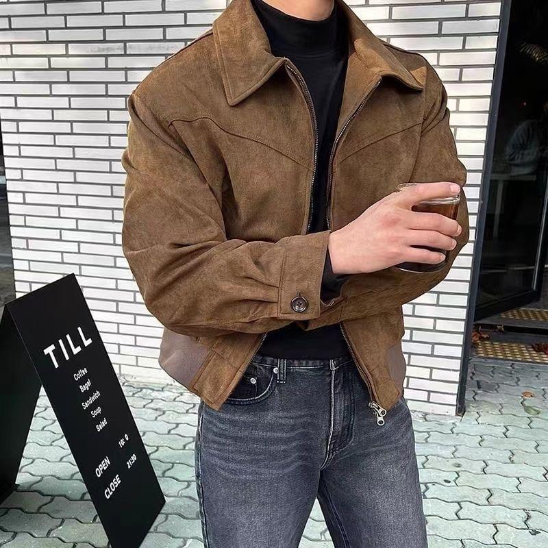 Collared Plain Faux Suede Zip Jacket Product Image