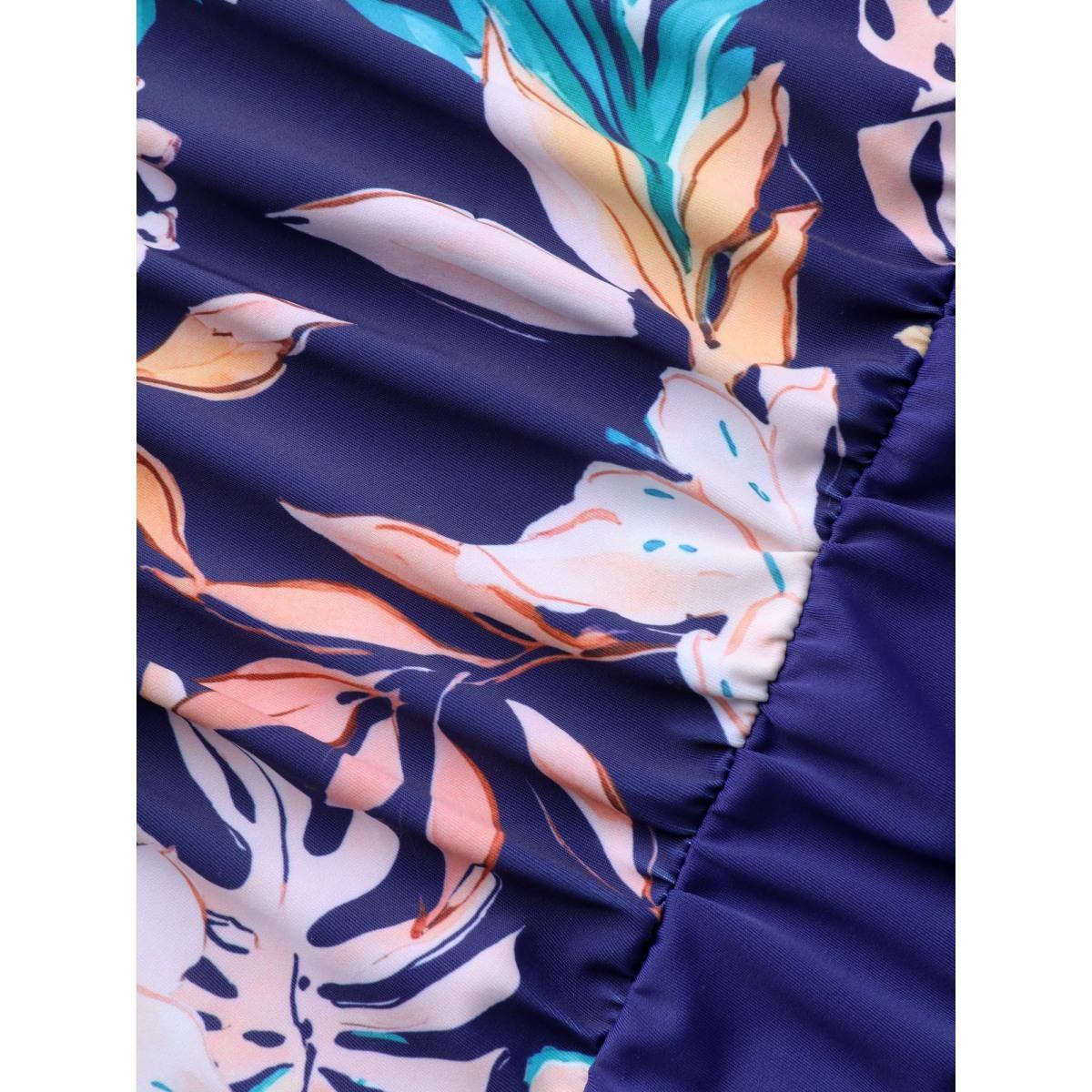 Plus Size Tropical Print Ruched One-Piece Swimsuit Women's Swimwear Indigo Beach Gathered Curve Bathing Suits High stretch One Pieces BloomChic 14-16/1X Product Image