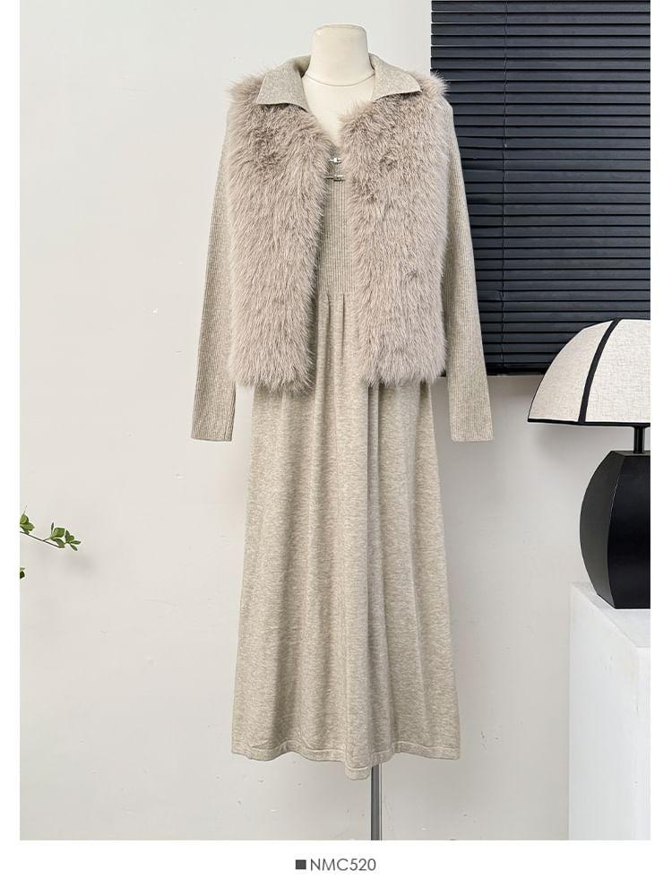 Collared V-Neck Knit Midi Dress in 5 Colors Product Image