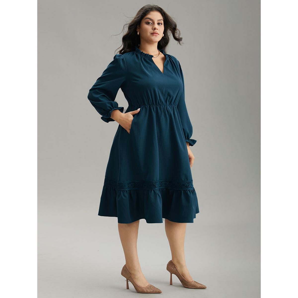 Plus Size Solid Frill Trim Guipure Lace Flutter Sleeve Dress Black Women At the Office Plain Notched collar Long Sleeve Curvy Midi Dress BloomChic 10/M Product Image