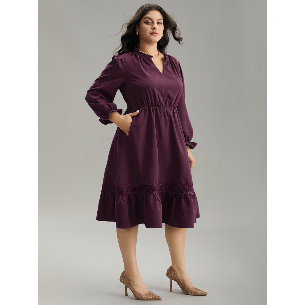 Plus Size Solid Frill Trim Guipure Lace Flutter Sleeve Dress Burgundy Women At the Office Plain Notched collar Long Sleeve Curvy Midi Dress BloomChic 18-20/2X Product Image
