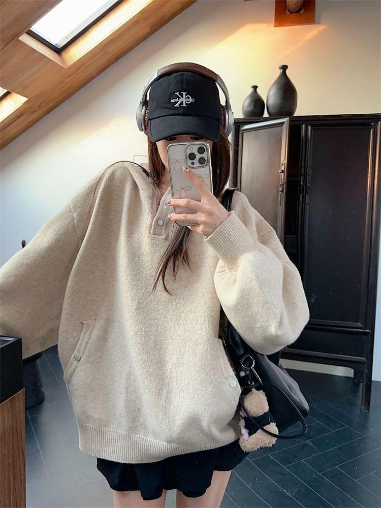 Plain Snap Button Knit Hoodie Product Image