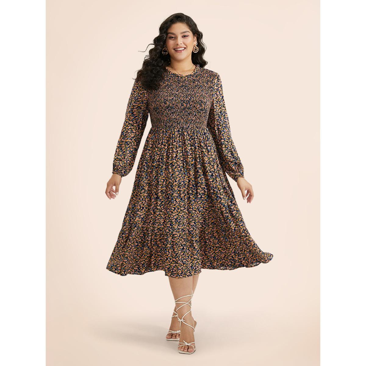 Plus Size Ditsy Floral Shirred Pocket Pleated Frill Trim Dress Indigo Women Elegant Elastic cuffs Round Neck Long Sleeve Curvy Midi Dress BloomChic 26/4X Product Image