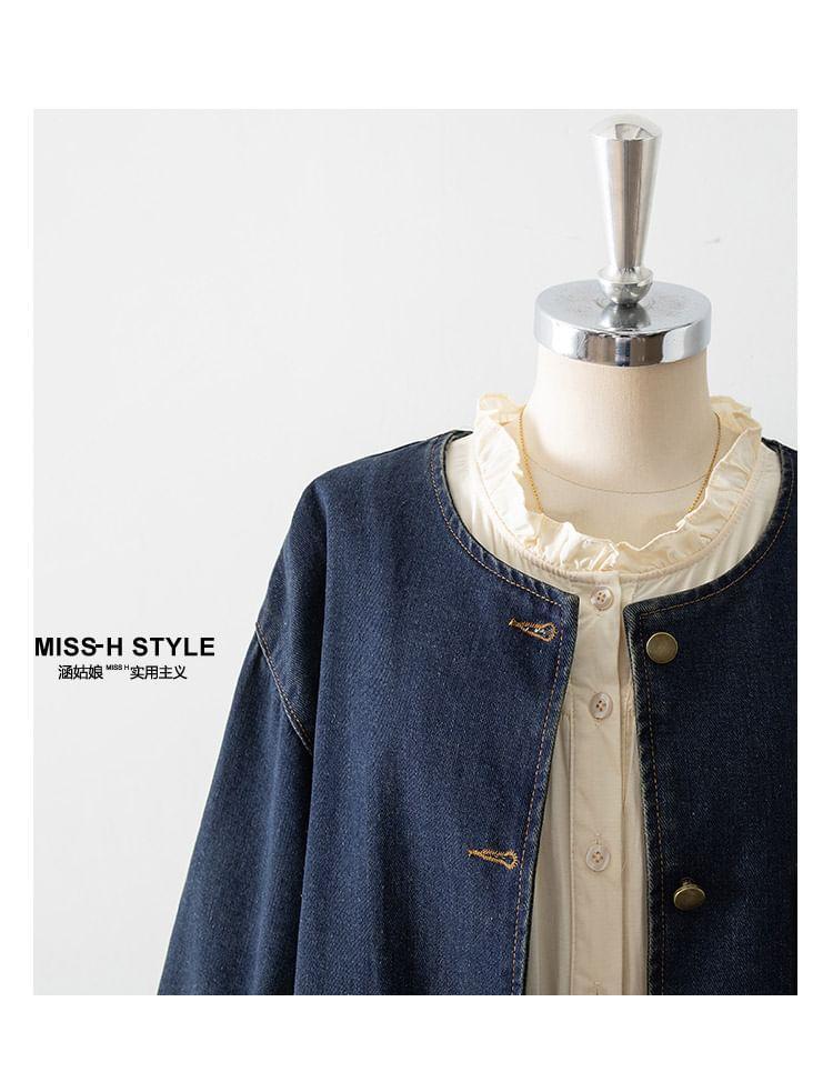 3/4 Sleeve Round Neck Denim Button Up Jacket Product Image