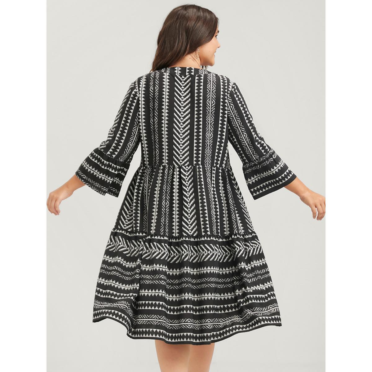 Plus Size Bloom Dress -Geometric Pocket Ruffles V Neck Knee Dress Black Women Vacation Pocket V-neck Elbow-length sleeve Curvy Knee Dress BloomChic 30/6X Product Image