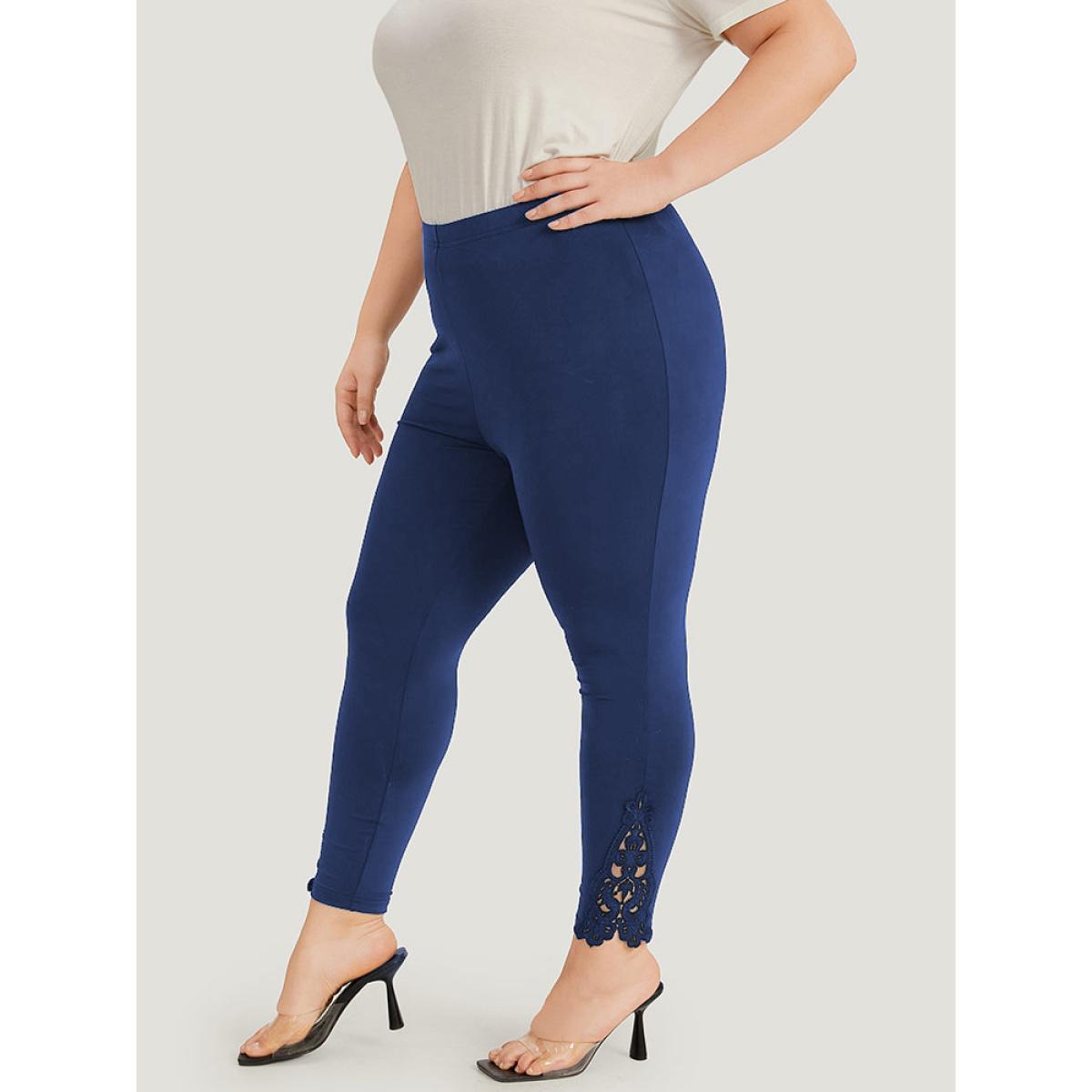 Plus Size Plain Lace Panel Skinny Elastic Waist Leggings Women Indigo Elegant High stretch Skinny High Rise Dailywear Leggings BloomChic 18-20/2X Product Image