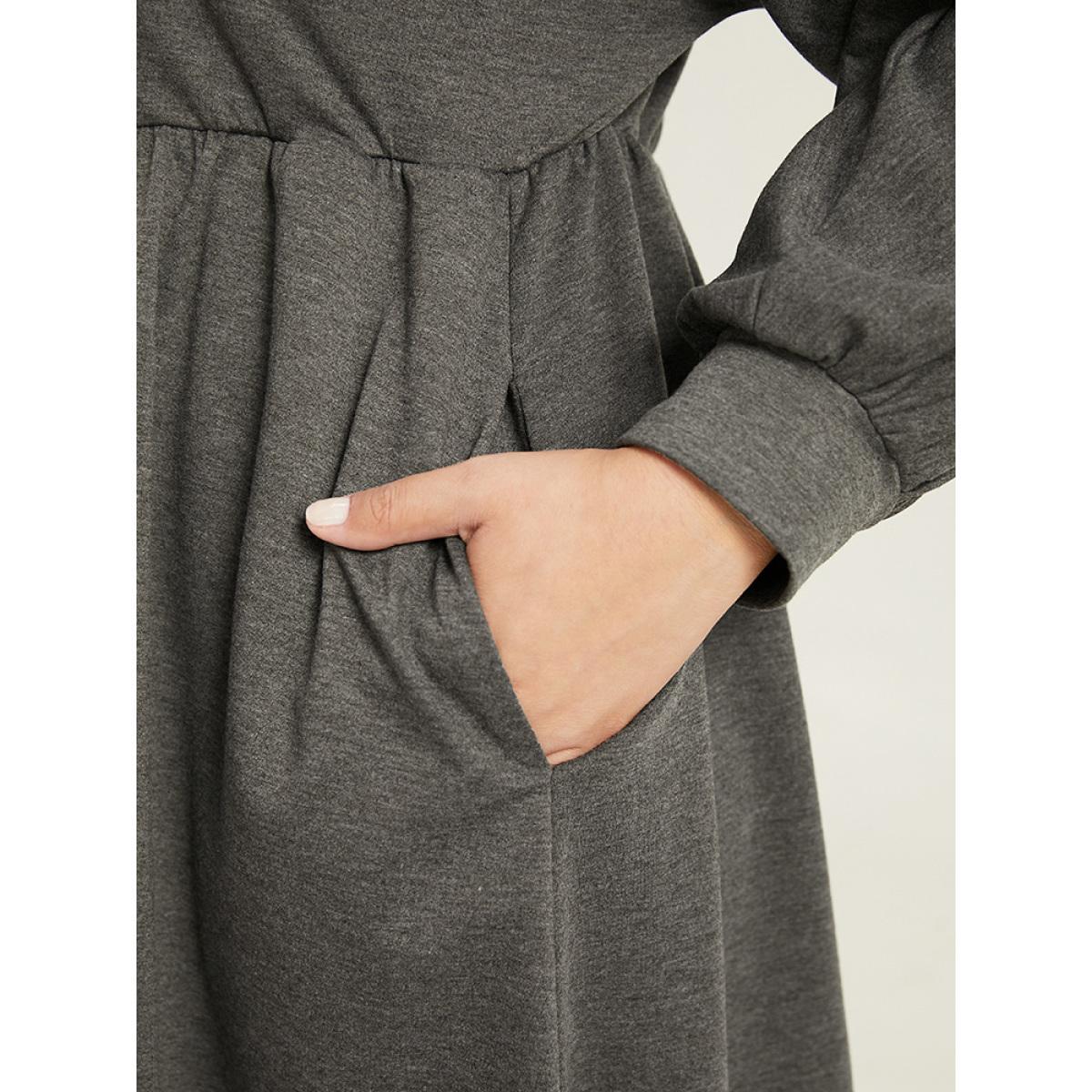 Plus Size Plain Button Detail Pocket Gathered Dress DimGray Women Casual Gathered Round Neck Long Sleeve Curvy Knee Dress BloomChic 28/5X Product Image