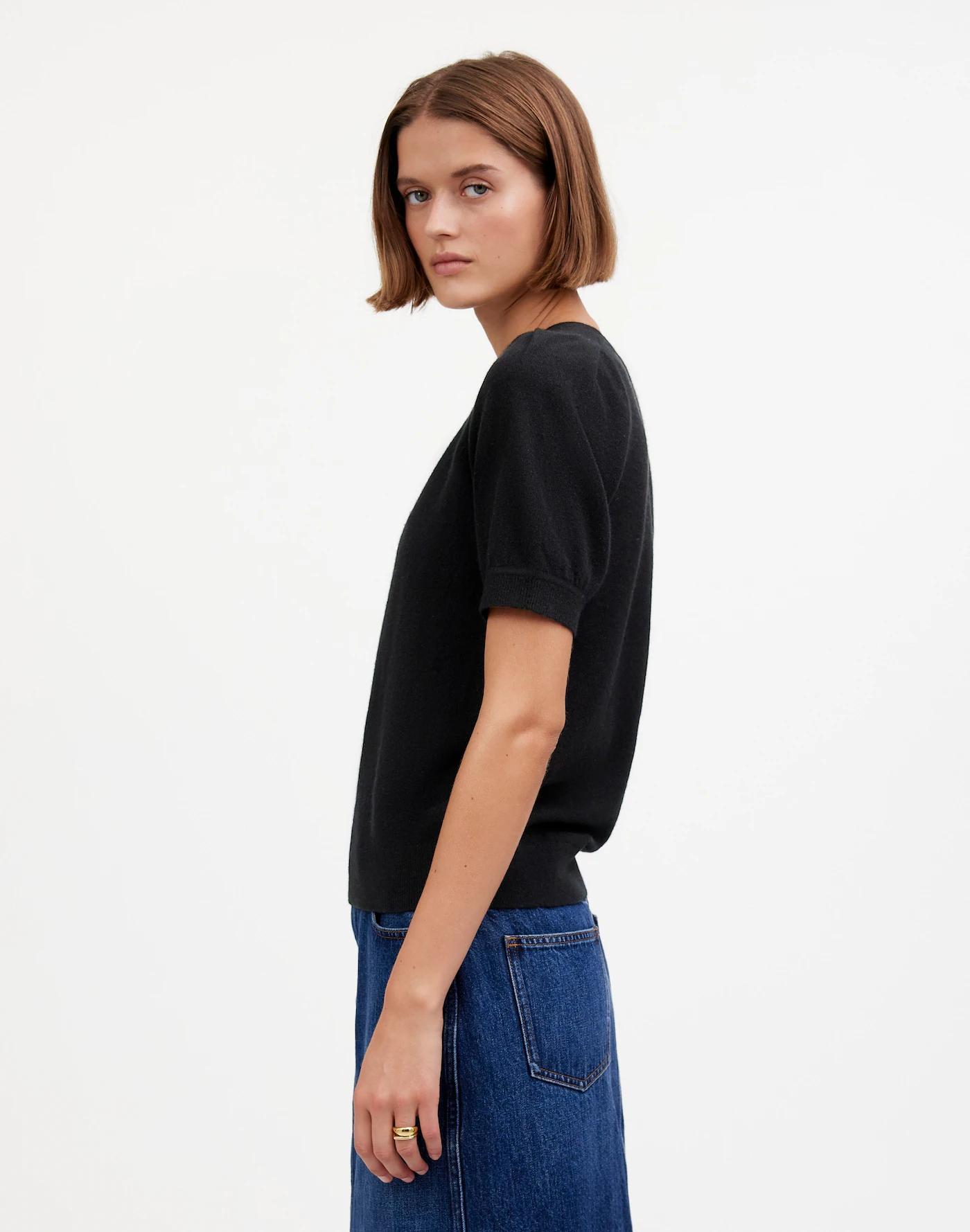 Cashmere V-Neck Puff-Sleeve Sweater Tee Product Image