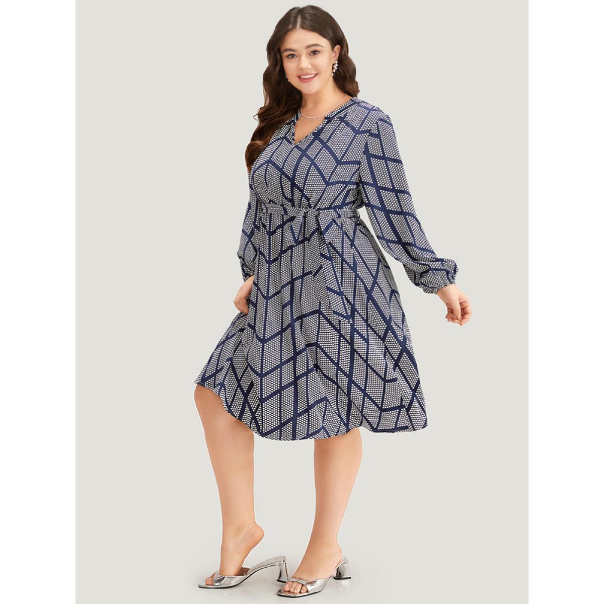 Plus Size Polka Dot Geometric Belted Lantern Sleeve Dress Black Women Office Elastic cuffs Notched collar Long Sleeve Curvy Midi Dress BloomChic 18-20/2X Product Image